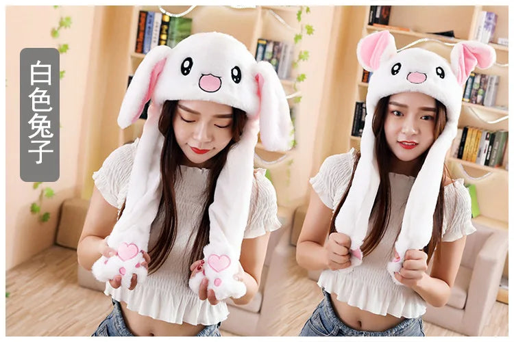 Cute Bunny Ears Hat Moving Pikachu Rabbit Soft Jumping Up Cap Funny Toy Girls Cartoon Kawaii Plush Hat Toys Gift for Adult Kids