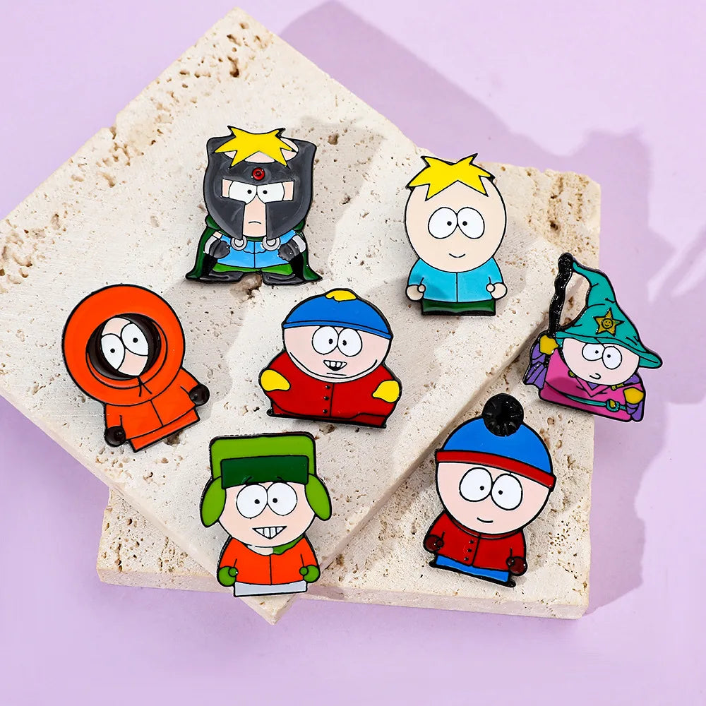 7 Pcs Cartoon Park TV Cartman Figure Badges Lapel Pins Backpacks Metal Enamel Cute Badge Clothes Jewelry South Accessories