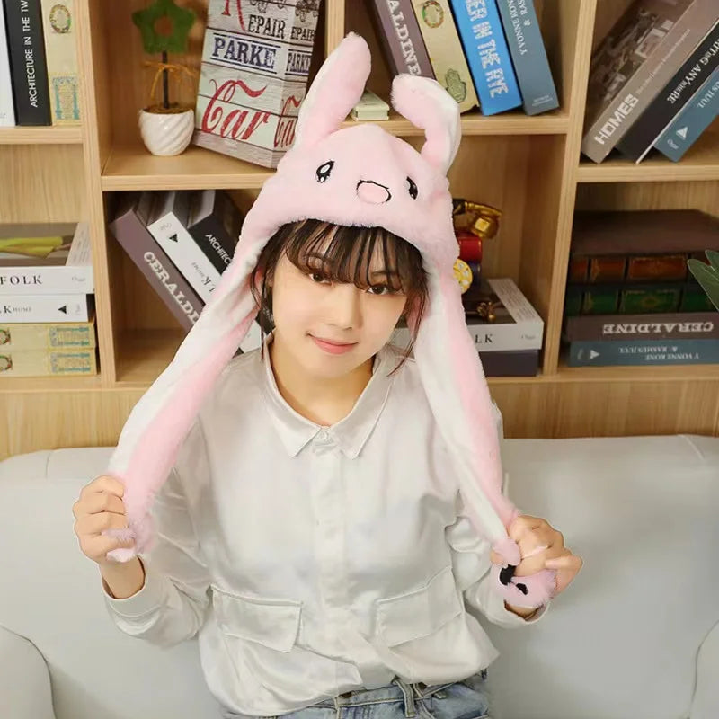 Cute Bunny Ears Hat Moving Pikachu Rabbit Soft Jumping Up Cap Funny Toy Girls Cartoon Kawaii Plush Hat Toys Gift for Adult Kids