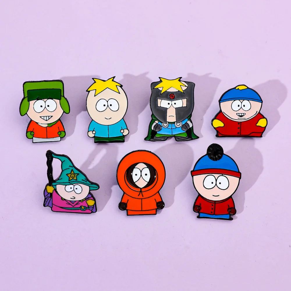 7 Pcs Cartoon Park TV Cartman Figure Badges Lapel Pins Backpacks Metal Enamel Cute Badge Clothes Jewelry South Accessories