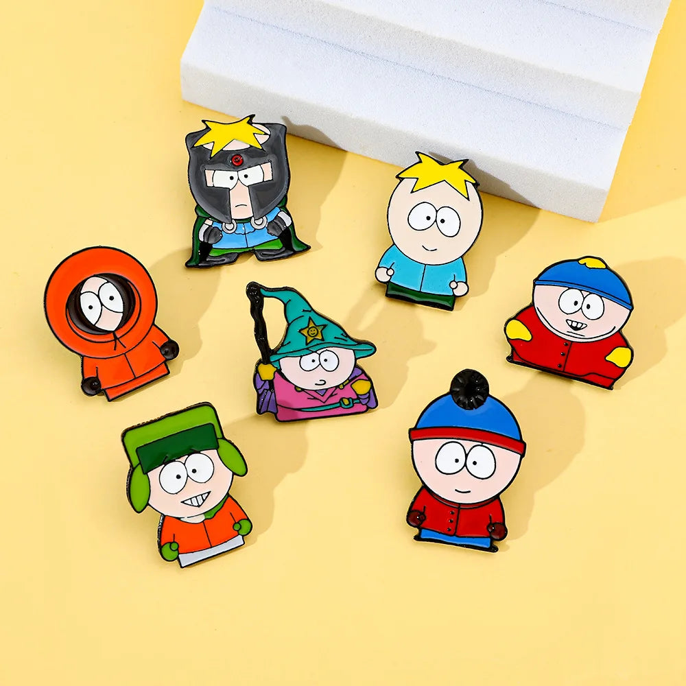 7 Pcs Cartoon Park TV Cartman Figure Badges Lapel Pins Backpacks Metal Enamel Cute Badge Clothes Jewelry South Accessories