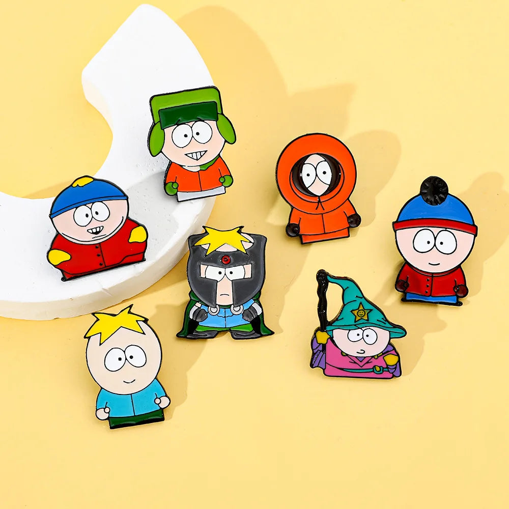 7 Pcs Cartoon Park TV Cartman Figure Badges Lapel Pins Backpacks Metal Enamel Cute Badge Clothes Jewelry South Accessories