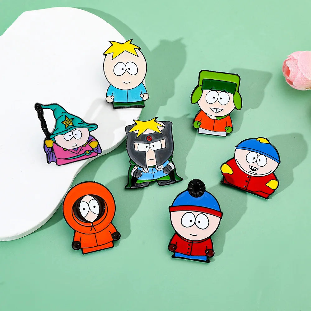 7 Pcs Cartoon Park TV Cartman Figure Badges Lapel Pins Backpacks Metal Enamel Cute Badge Clothes Jewelry South Accessories