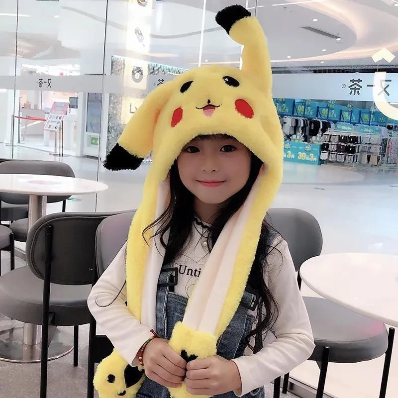 Cute Bunny Ears Hat Moving Pikachu Rabbit Soft Jumping Up Cap Funny Toy Girls Cartoon Kawaii Plush Hat Toys Gift for Adult Kids