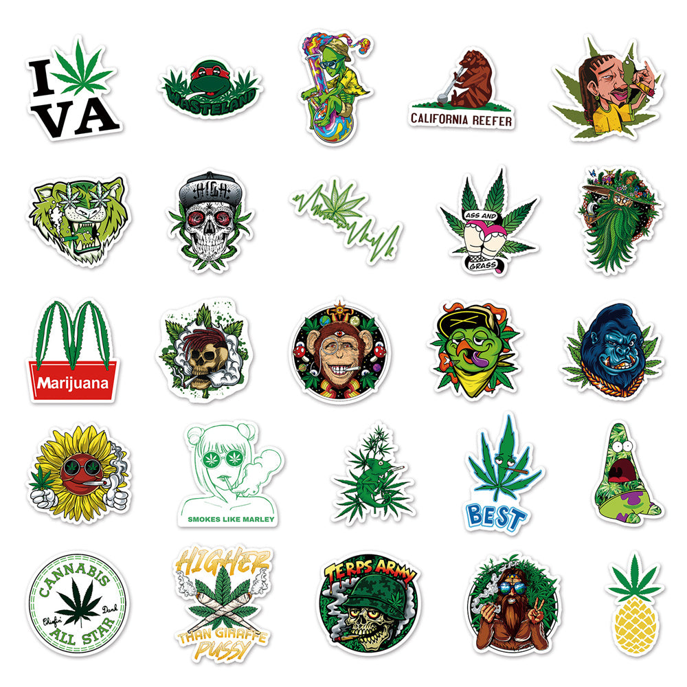 50PCS Weed Leaves Spoof Characters Graffiti Stickers Personalized Motorcycle Luggage Waterproof Stickers