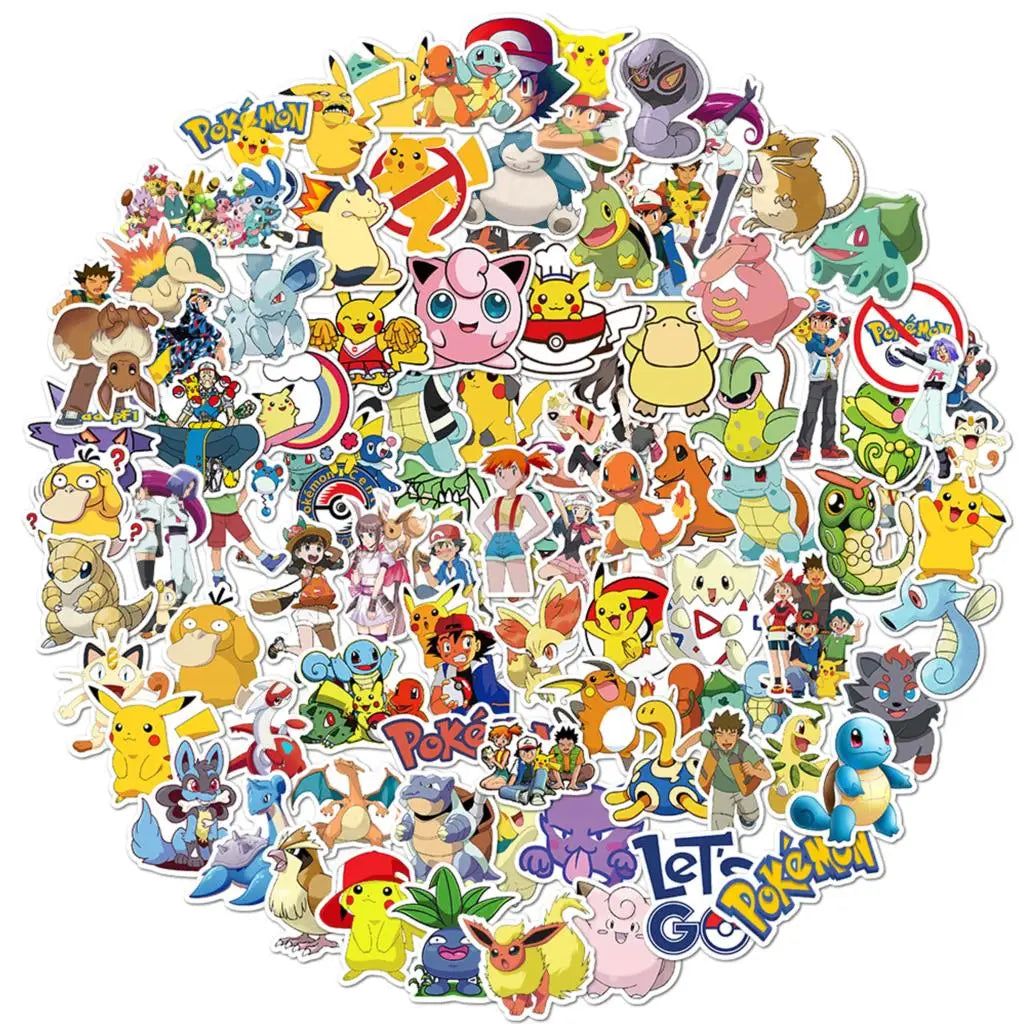 50/100Pcs Pokemon Stickers Kawaii Pikachu Skateboard Bicycle Guitar Laptop Kids Waterproof Stiker Toys