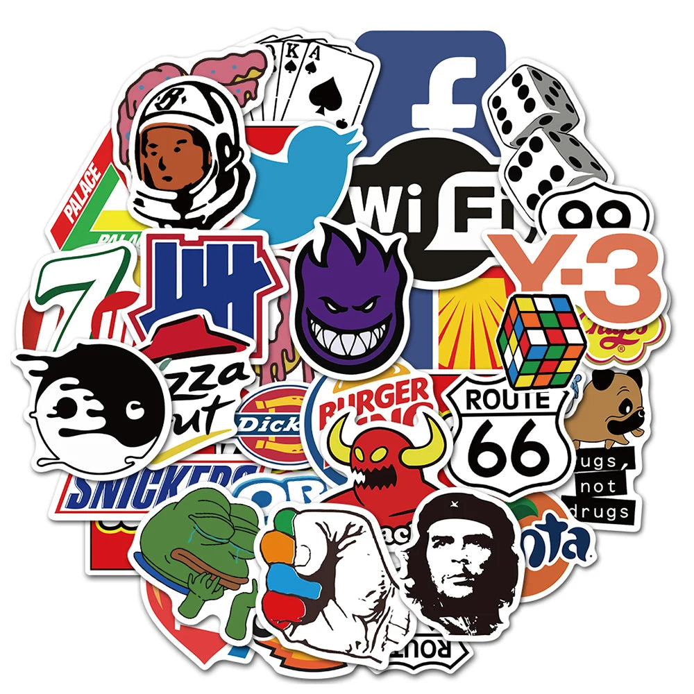 10/30/50/100Pcs Fashion Cool Brand Logo Stickers Graffiti Stationery Skateboard Car Cartoon Waterproof Sticker Decal for Kid Toy