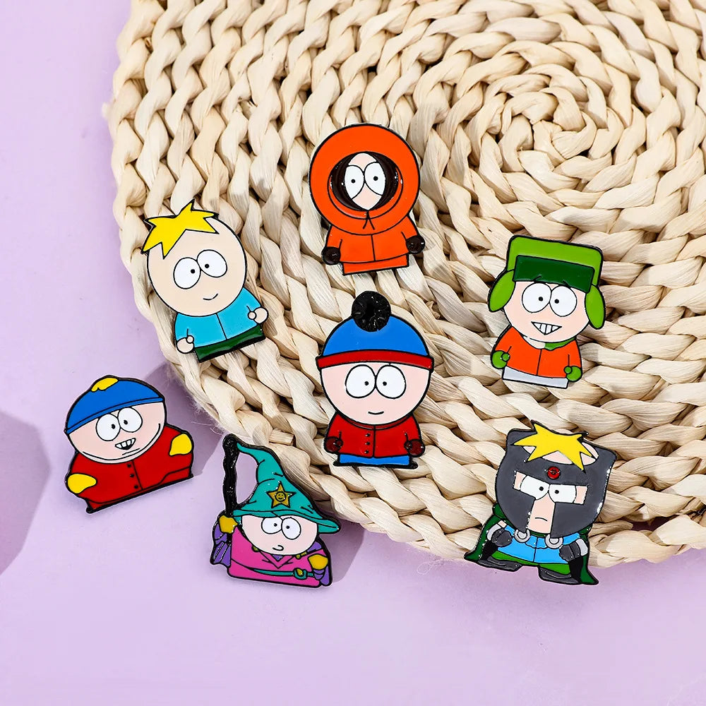 7 Pcs Cartoon Park TV Cartman Figure Badges Lapel Pins Backpacks Metal Enamel Cute Badge Clothes Jewelry South Accessories