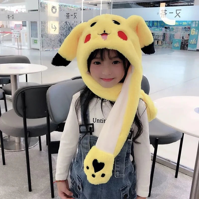 Cute Bunny Ears Hat Moving Pikachu Rabbit Soft Jumping Up Cap Funny Toy Girls Cartoon Kawaii Plush Hat Toys Gift for Adult Kids