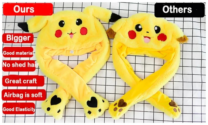 Cute Bunny Ears Hat Moving Pikachu Rabbit Soft Jumping Up Cap Funny Toy Girls Cartoon Kawaii Plush Hat Toys Gift for Adult Kids