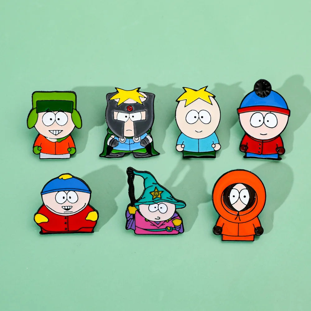 7 Pcs Cartoon Park TV Cartman Figure Badges Lapel Pins Backpacks Metal Enamel Cute Badge Clothes Jewelry South Accessories