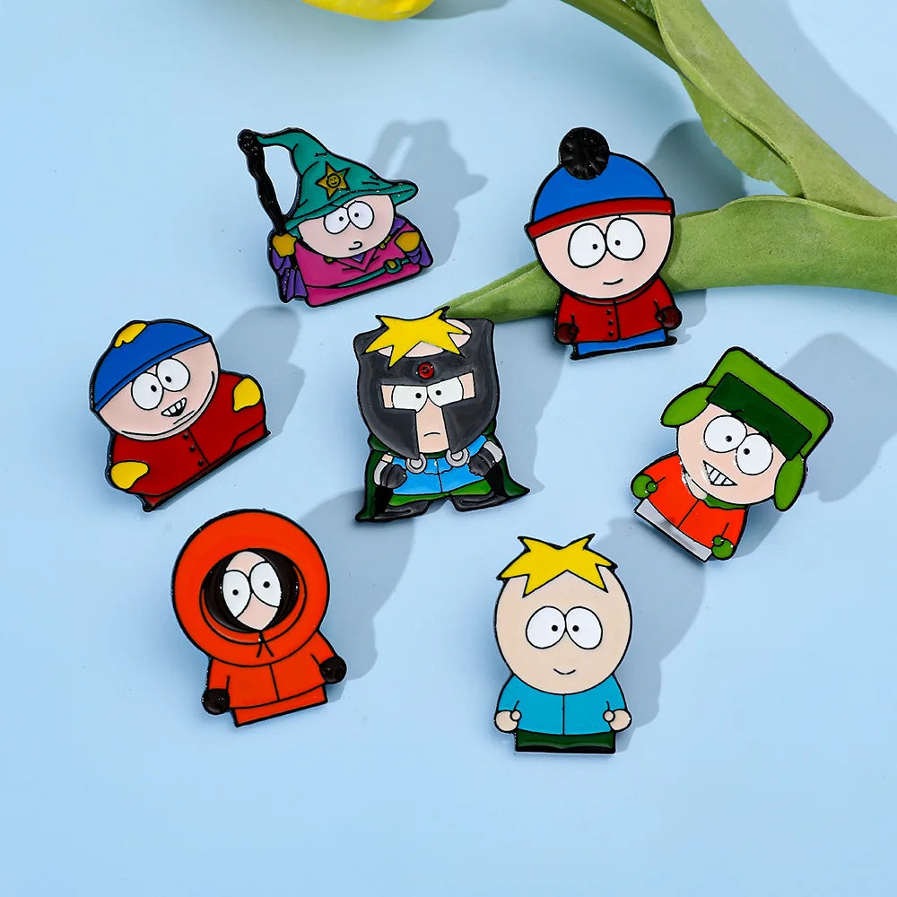 7 Pcs Cartoon Park TV Cartman Figure Badges Lapel Pins Backpacks Metal Enamel Cute Badge Clothes Jewelry South Accessories