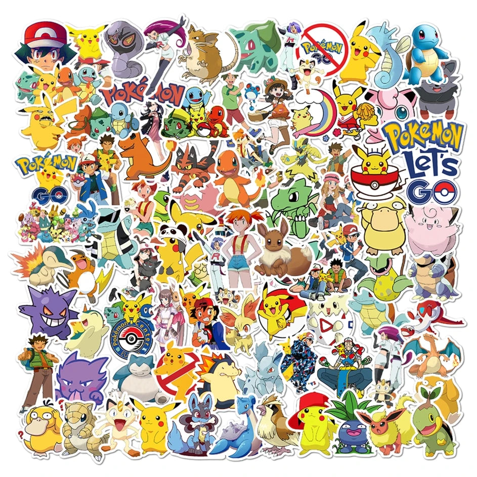 50/100Pcs Pokemon Stickers Kawaii Pikachu Skateboard Bicycle Guitar Laptop Kids Waterproof Stiker Toys