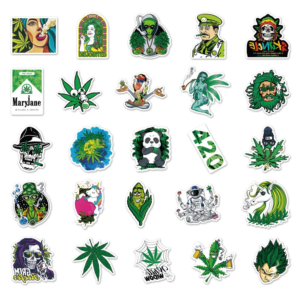 50PCS Weed Leaves Spoof Characters Graffiti Stickers Personalized Motorcycle Luggage Waterproof Stickers