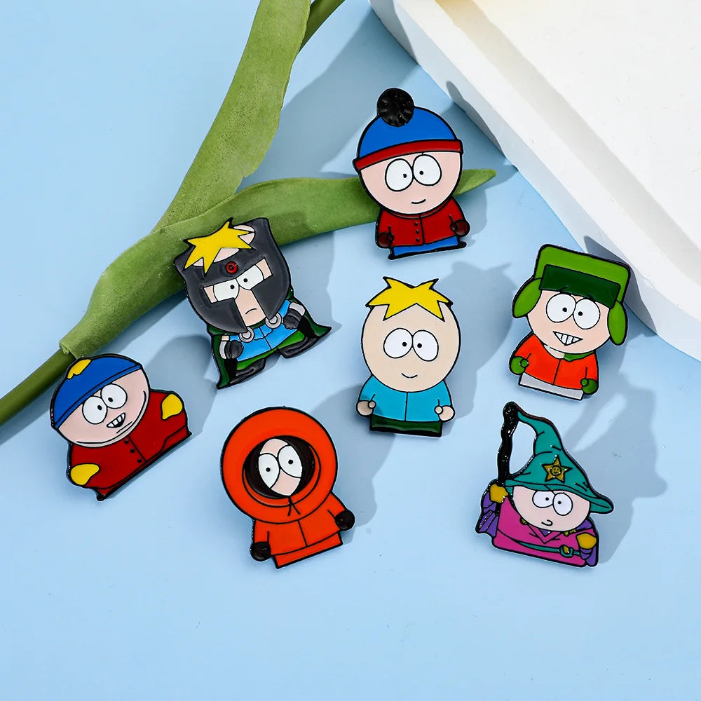 7 Pcs Cartoon Park TV Cartman Figure Badges Lapel Pins Backpacks Metal Enamel Cute Badge Clothes Jewelry South Accessories