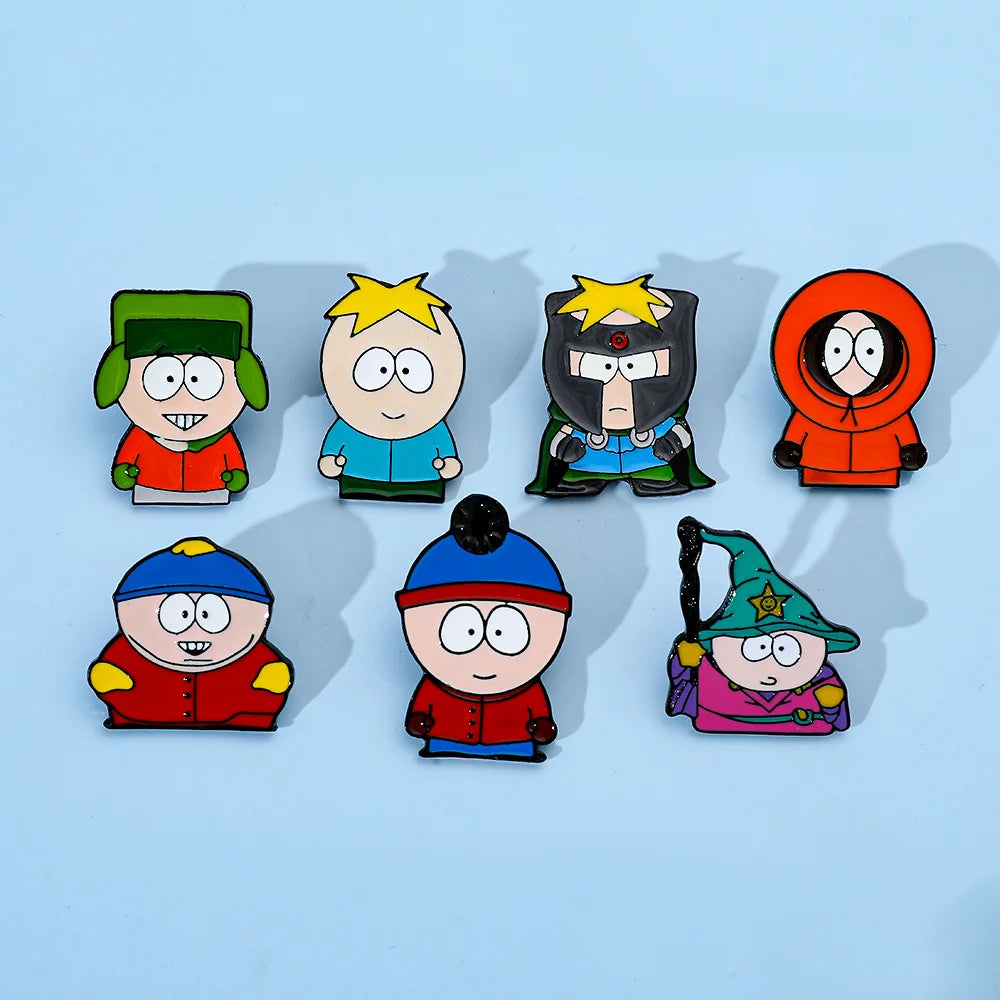 7 Pcs Cartoon Park TV Cartman Figure Badges Lapel Pins Backpacks Metal Enamel Cute Badge Clothes Jewelry South Accessories