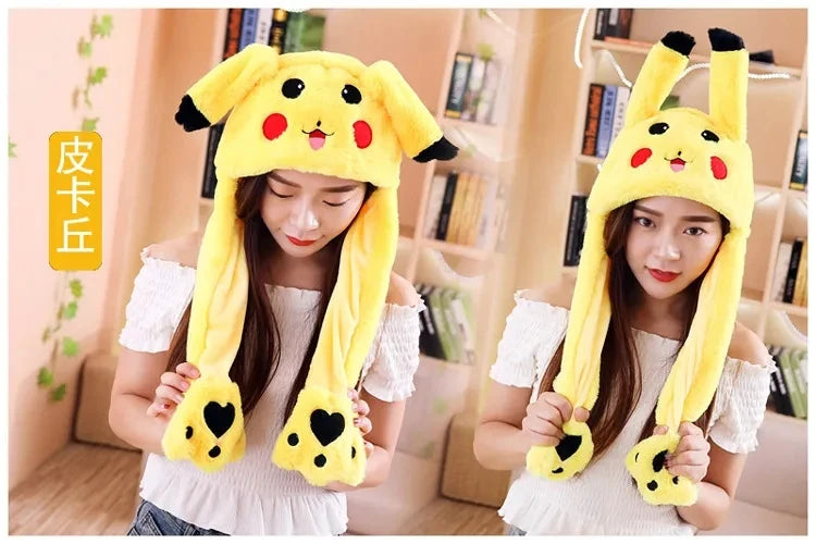 Cute Bunny Ears Hat Moving Pikachu Rabbit Soft Jumping Up Cap Funny Toy Girls Cartoon Kawaii Plush Hat Toys Gift for Adult Kids