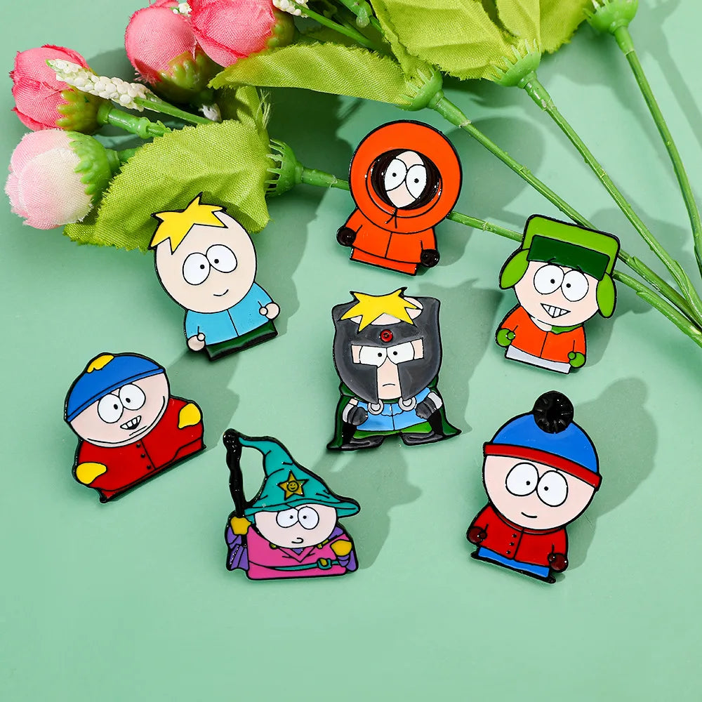 7 Pcs Cartoon Park TV Cartman Figure Badges Lapel Pins Backpacks Metal Enamel Cute Badge Clothes Jewelry South Accessories