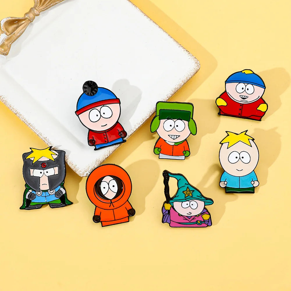 7 Pcs Cartoon Park TV Cartman Figure Badges Lapel Pins Backpacks Metal Enamel Cute Badge Clothes Jewelry South Accessories