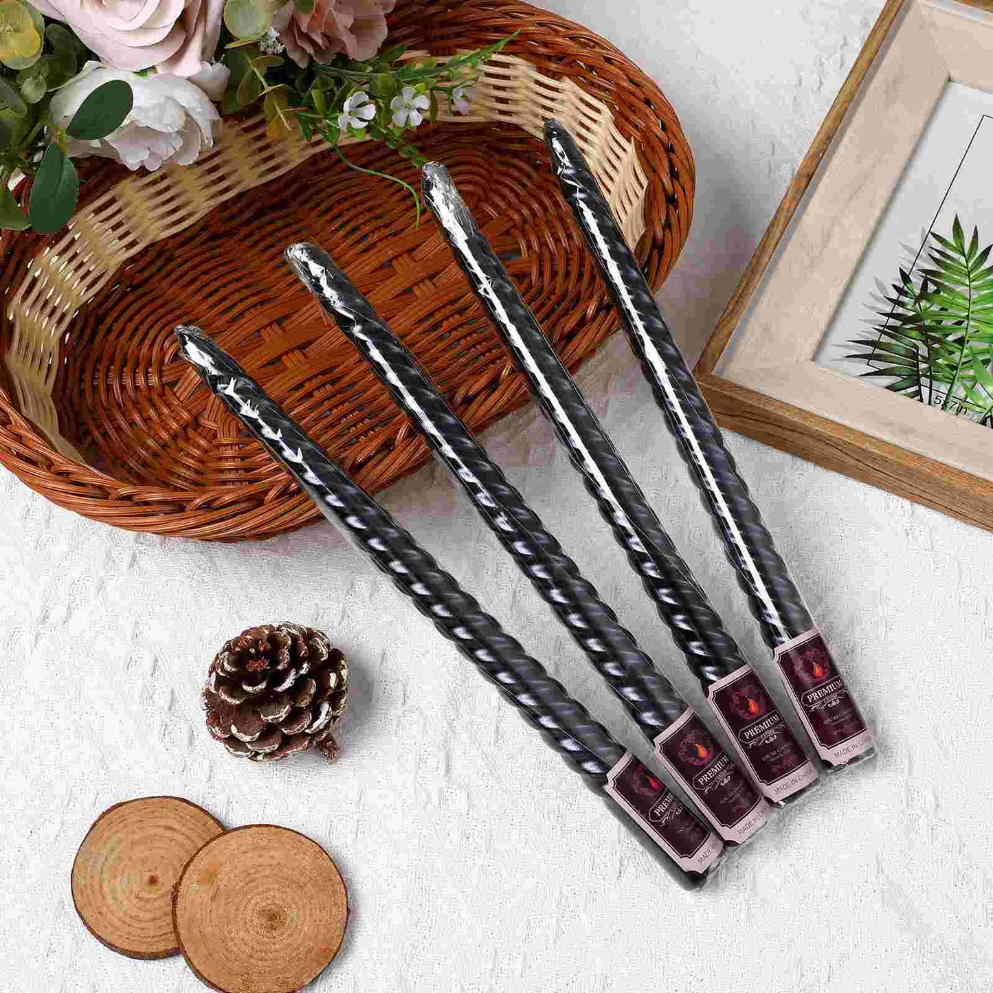 4Pcs Threaded Long Stem Candles Pole Taper Black Votive Tall Party Sticks Holders Wedding Christmas Halloween Cake Table Banquet