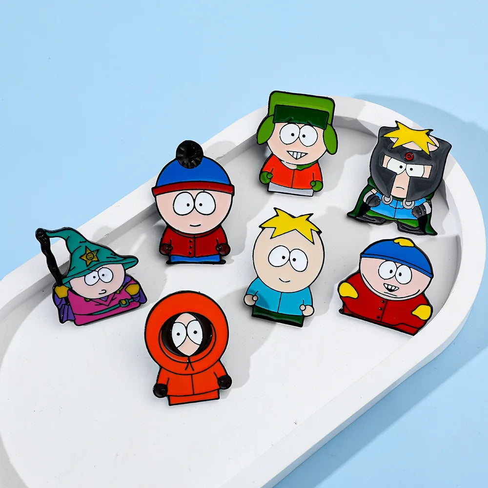 7 Pcs Cartoon Park TV Cartman Figure Badges Lapel Pins Backpacks Metal Enamel Cute Badge Clothes Jewelry South Accessories