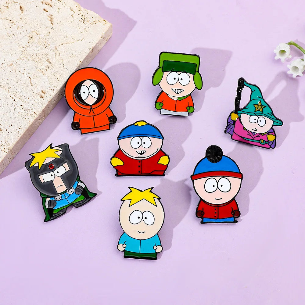 7 Pcs Cartoon Park TV Cartman Figure Badges Lapel Pins Backpacks Metal Enamel Cute Badge Clothes Jewelry South Accessories