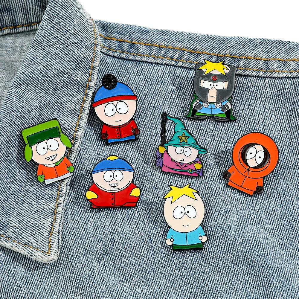 7 Pcs Cartoon Park TV Cartman Figure Badges Lapel Pins Backpacks Metal Enamel Cute Badge Clothes Jewelry South Accessories