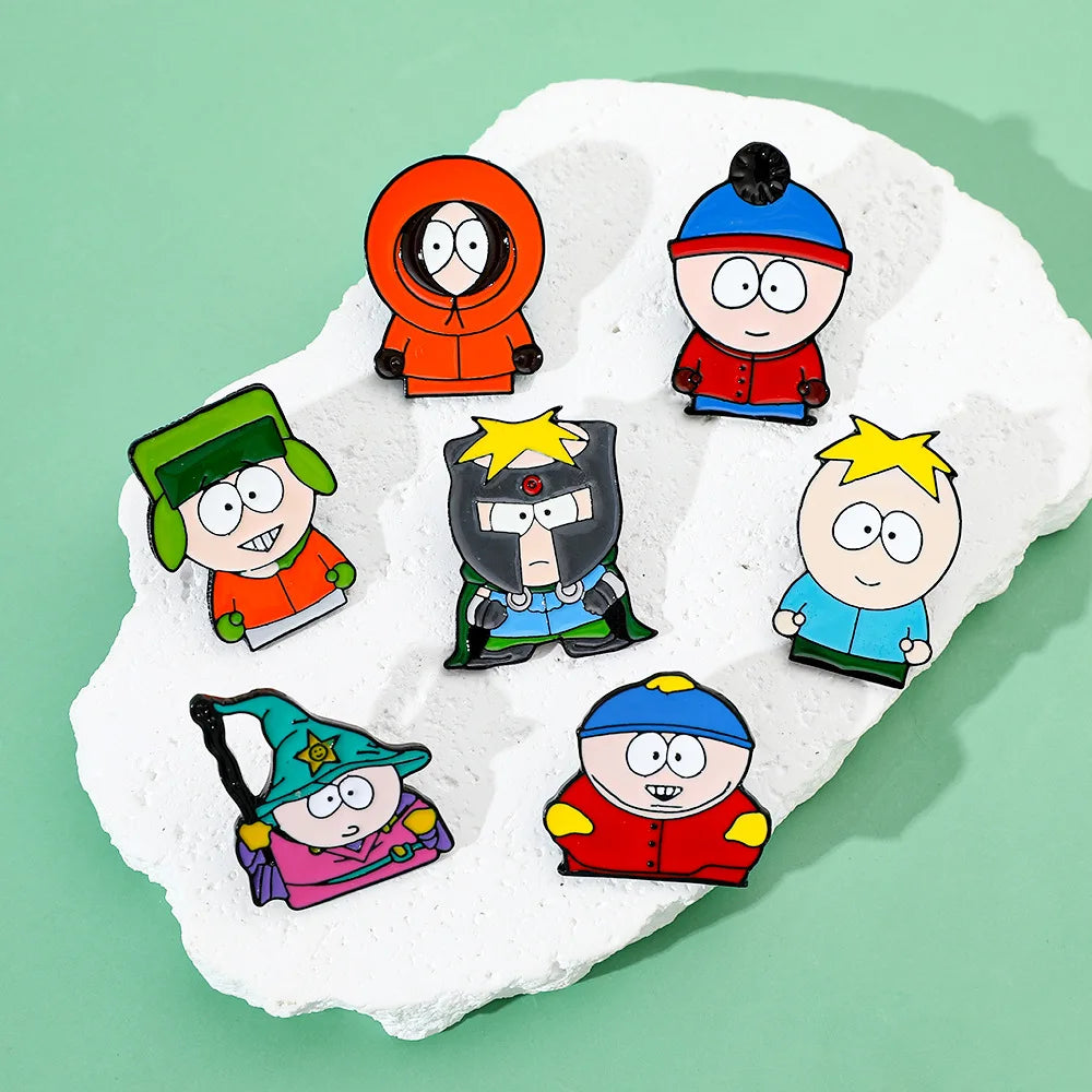 7 Pcs Cartoon Park TV Cartman Figure Badges Lapel Pins Backpacks Metal Enamel Cute Badge Clothes Jewelry South Accessories